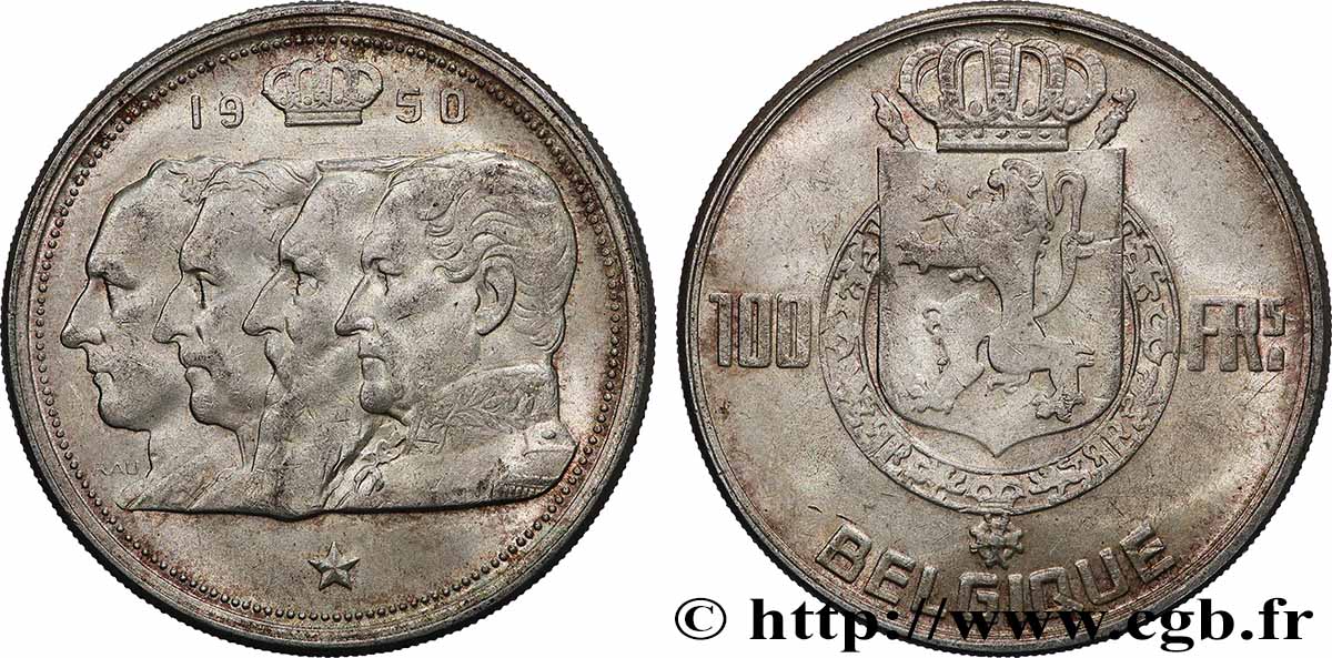 BELGIQUE 100 Francs portraits des quatre rois de Belgique, légende française 1950 Bruxelles TTB 