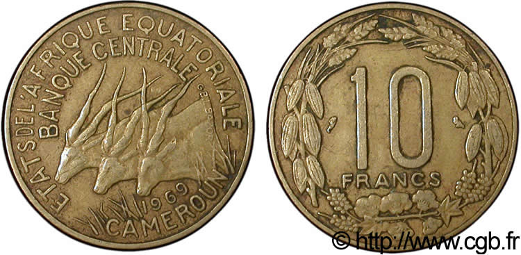 ÁFRICA ECUATORIAL  10 Francs antilopes 1969 Paris MBC 