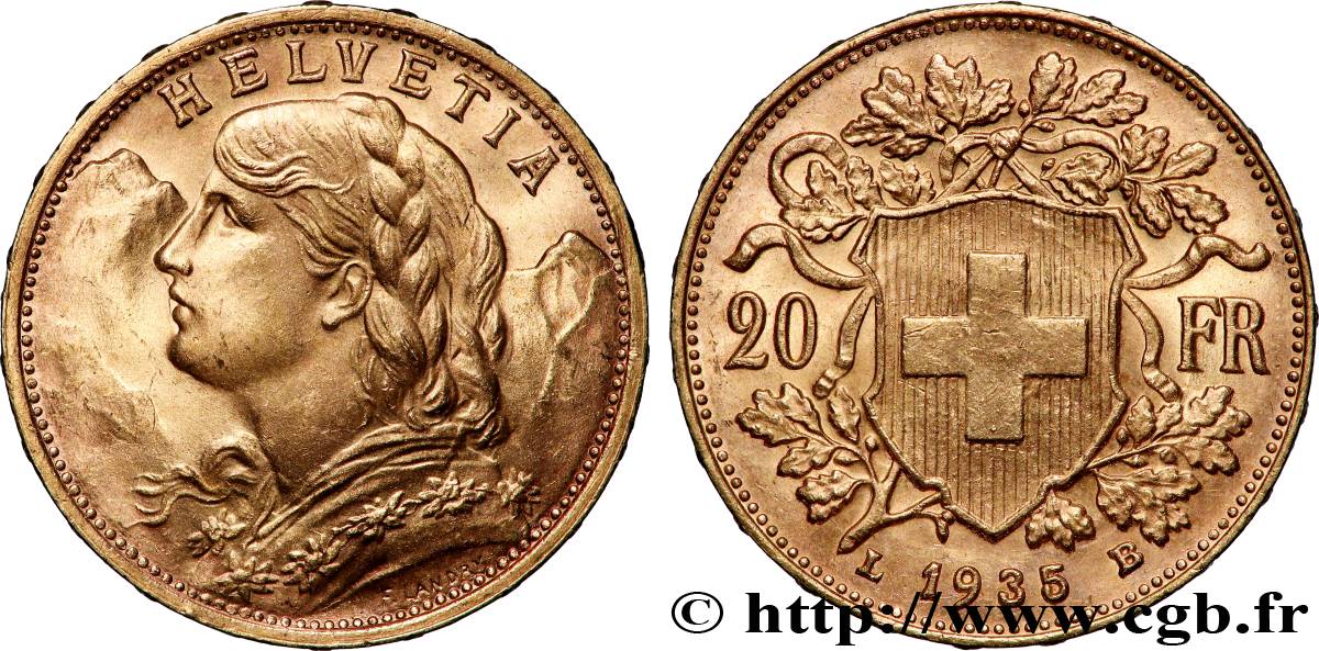 GOLD-, PALLADIUM- UND PLATIN-INVESTITIONEN 20 Francs  Vreneli  1935 Berne fST 