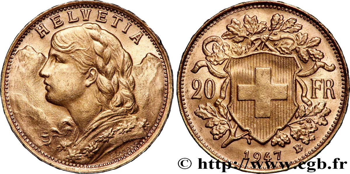 GOLD-, PALLADIUM- UND PLATIN-INVESTITIONEN 20 Francs or  Vreneli  1947 Berne VZ 