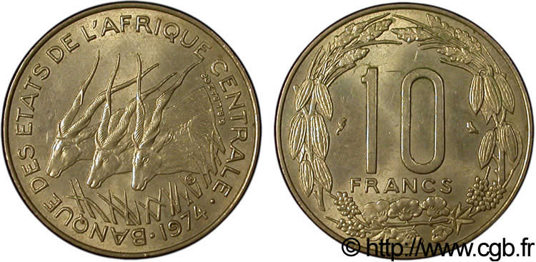 CENTRAL AFRICAN STATES 10 Francs antilopes 1974 Paris AU 
