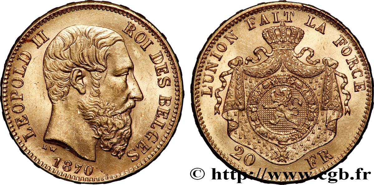 GOLD-, PALLADIUM- UND PLATIN-INVESTITIONEN 20 Francs Léopold II 1870 Bruxelles VZ 