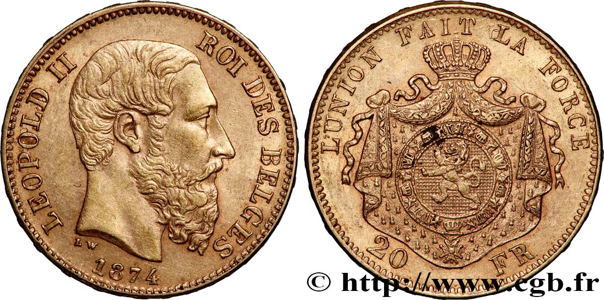 GOLD-, PALLADIUM- UND PLATIN-INVESTITIONEN 20 Francs Léopold II 1874 Bruxelles fVZ 