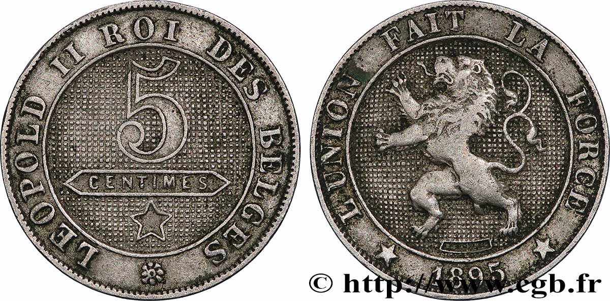 BELGIQUE 5 Centimes Lion légende française 1895 Bruxelles TTB+ 