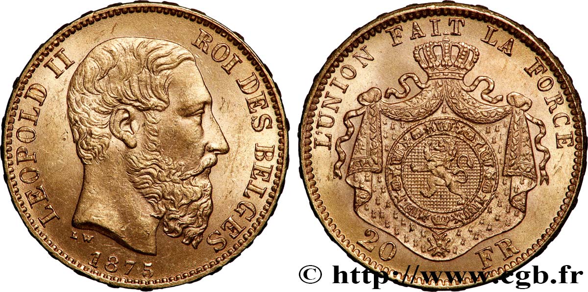 GOLD-, PALLADIUM- UND PLATIN-INVESTITIONEN 20 Francs Léopold II 1875 Bruxelles VZ 