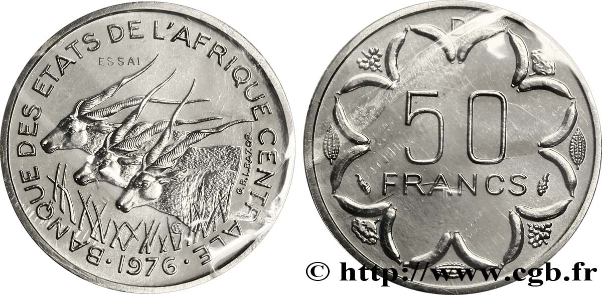 ZENTRALAFRIKANISCHE LÄNDER Essai de 50 Francs antilopes lettre ‘D’ Gabon 1976 Paris VZ 
