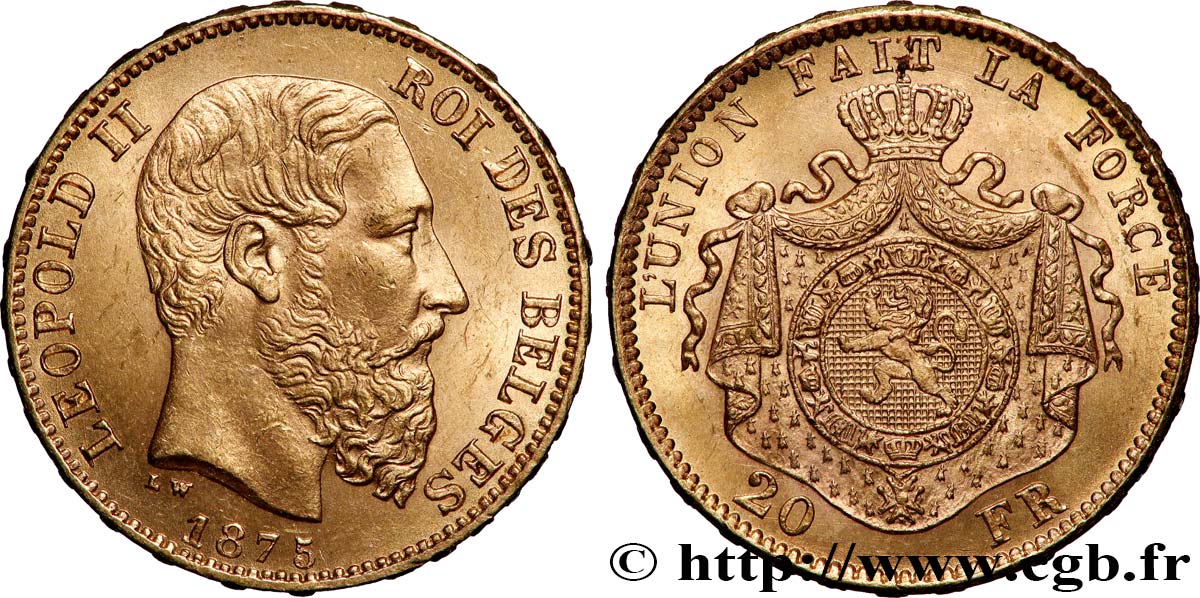 GOLD-, PALLADIUM- UND PLATIN-INVESTITIONEN 20 Francs Léopold II 1875 Bruxelles VZ 