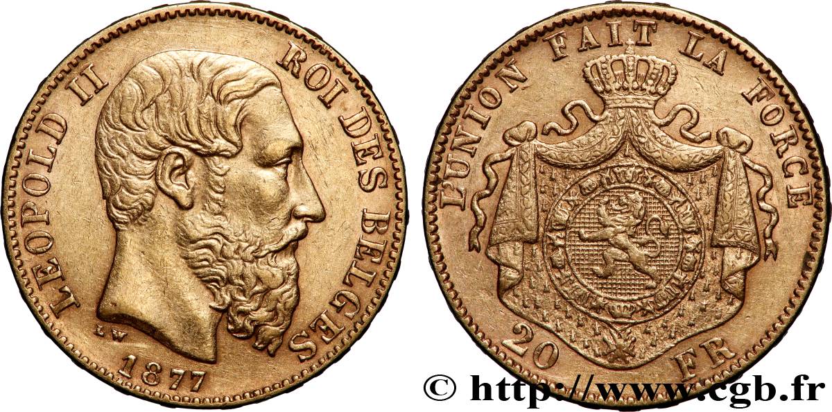 OR, PALLADIUM ET PLATINE INVESTISSEMENT 20 Francs Léopold II 1877 Bruxelles TTB+ 