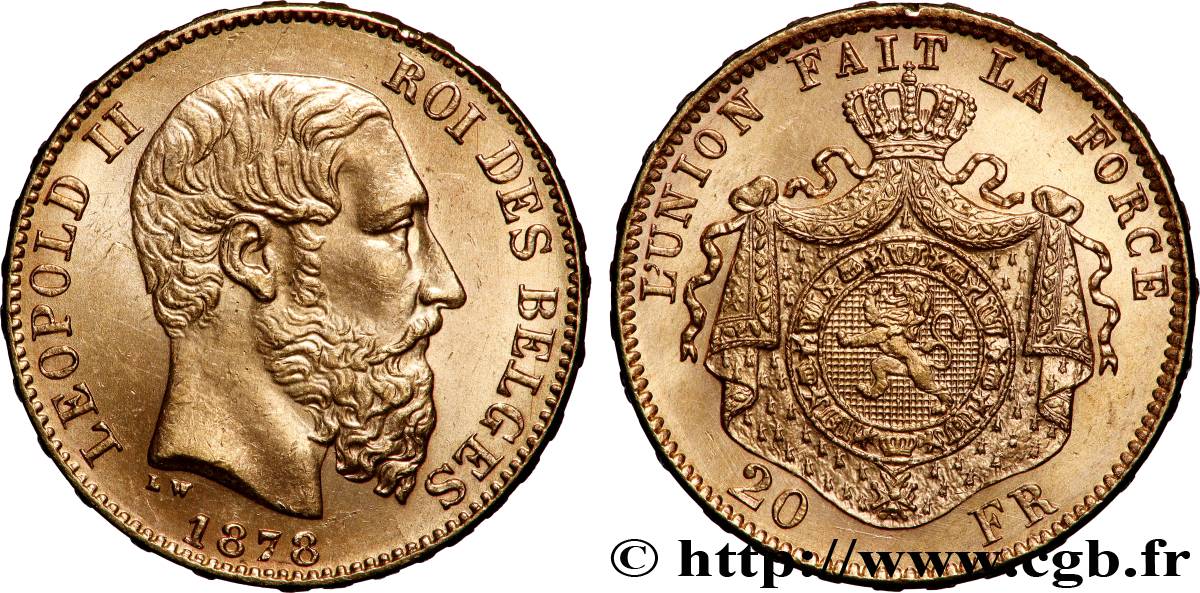 GOLD-, PALLADIUM- UND PLATIN-INVESTITIONEN 20 Francs or Léopold II 1878 Bruxelles VZ 