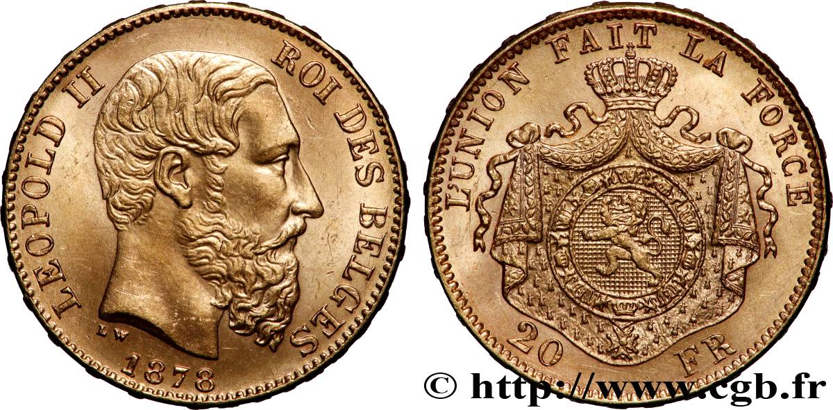 GOLD-, PALLADIUM- UND PLATIN-INVESTITIONEN 20 Francs or Léopold II 1878 Bruxelles VZ 