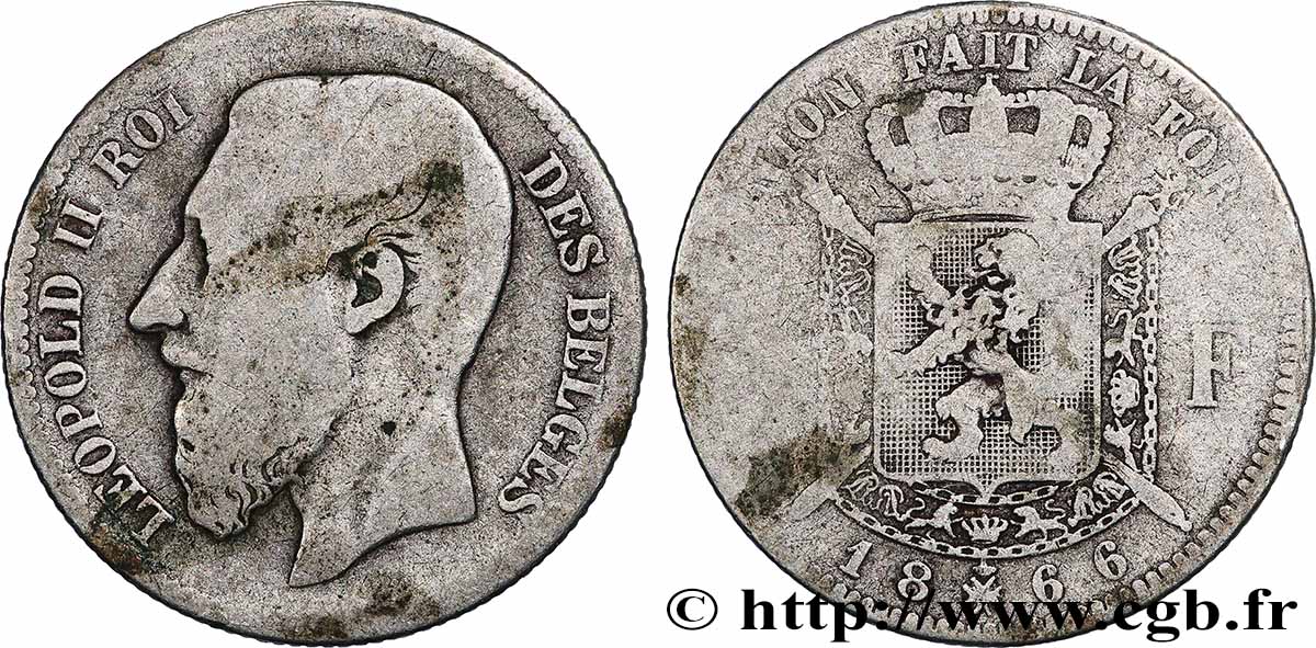 BELGIQUE 2 Francs Léopold II légende française 1866 Bruxelles TB
 