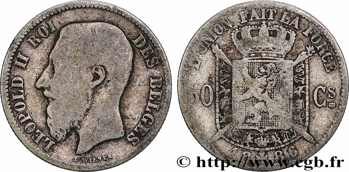 BELGIEN 50 Centimes Léopold II légende française signature L WIENER 1886 Bruxelles S 