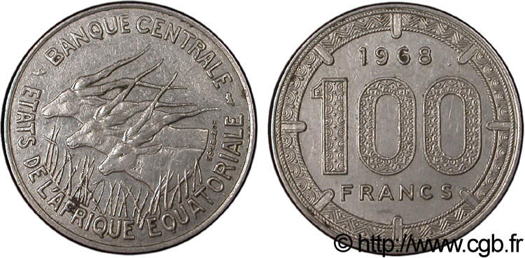 EQUATORIAL AFRICAN STATES 100 Francs antilopes 1968 Paris XF 