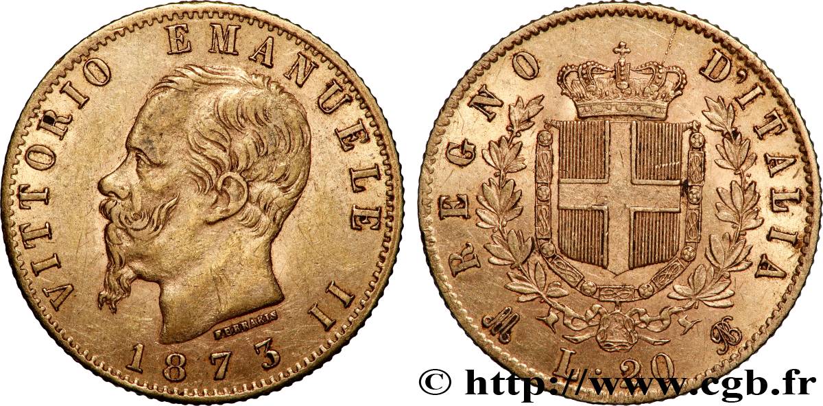 GOLD-, PALLADIUM- UND PLATIN-INVESTITIONEN 20 Lire Victor Emmanuel II 1873 Milan SS 