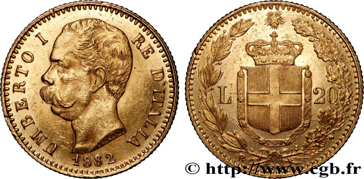 GOLD-, PALLADIUM- UND PLATIN-INVESTITIONEN 20 Lire Umberto Ier 1882 Rome VZ 