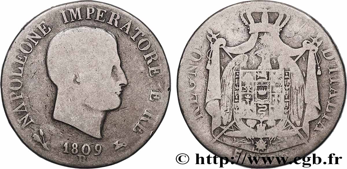 ARGENT D&nbsp;INVESTISSEMENT 5 lire, 1er type, tranche en relief 1809 Bologne TB 