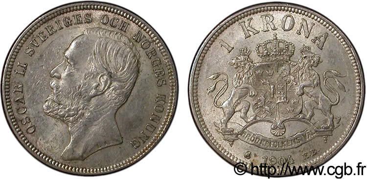 SCHWEDEN 1 Krona Oscar II roi de Suède et de Norvège 1904  VZ 