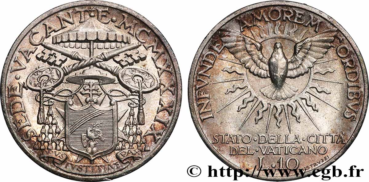 VATICAN ET ÉTATS PONTIFICAUX 10 Lire Sede Vacante 1939  SPL 