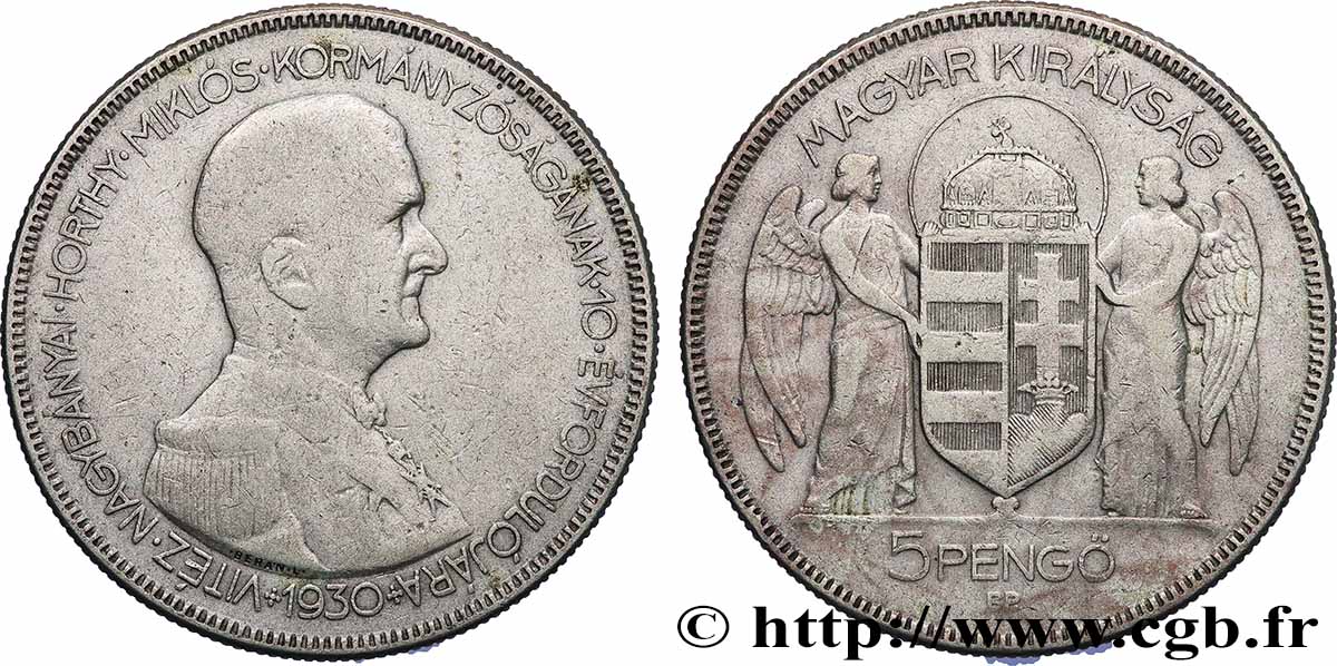 HONGRIE 5 Pengo Amiral Horthy 1930 Budapest - BP  TB+ 