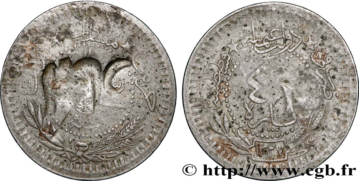HEDJAZ 40 Para Hussein bin Ali (monnaie ottomane contremarquée) Ah 1327 an 5 (1916) Constantinople TTB 