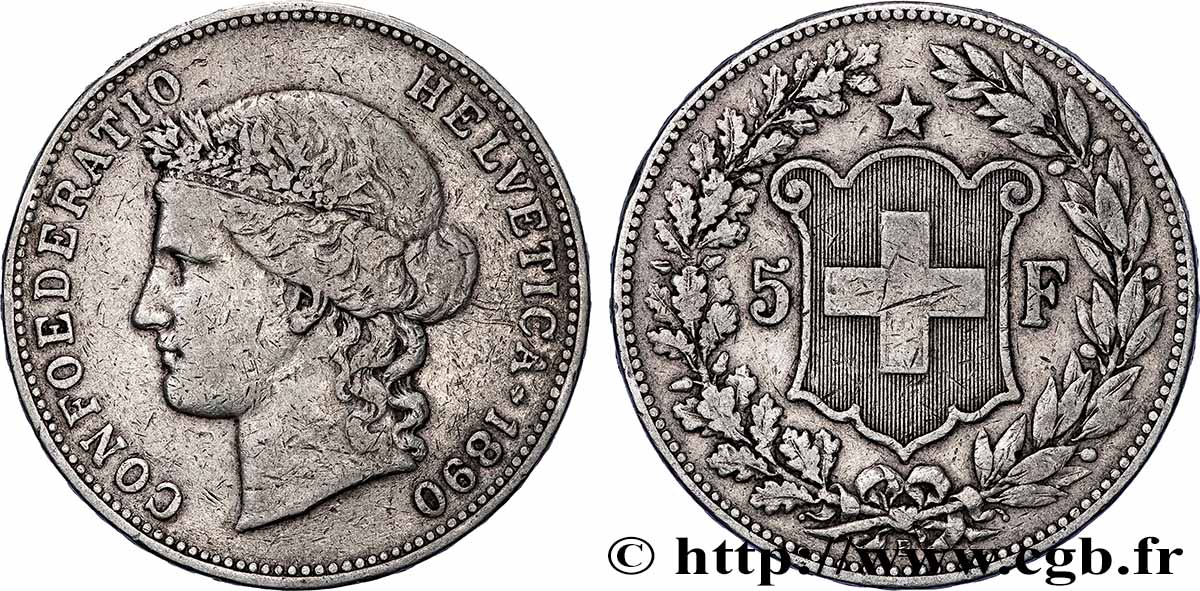 SUISSE 5 Francs Helvetia 1890 Berne TTB 