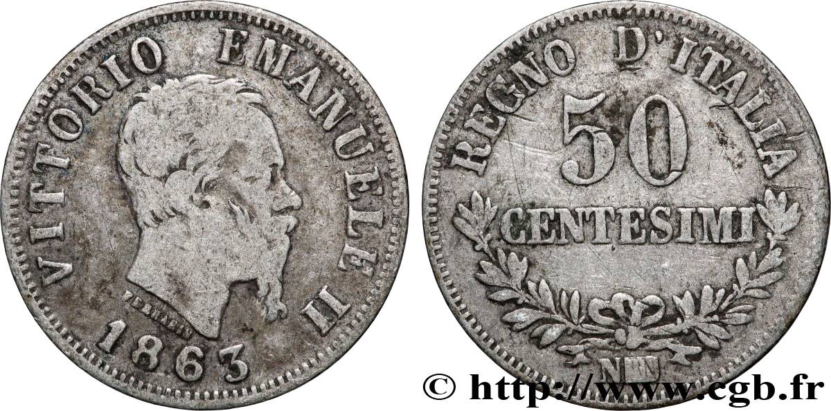 ITALIE 50 Centesimi Victor Emmanuel II 1863 Naples TB+ 