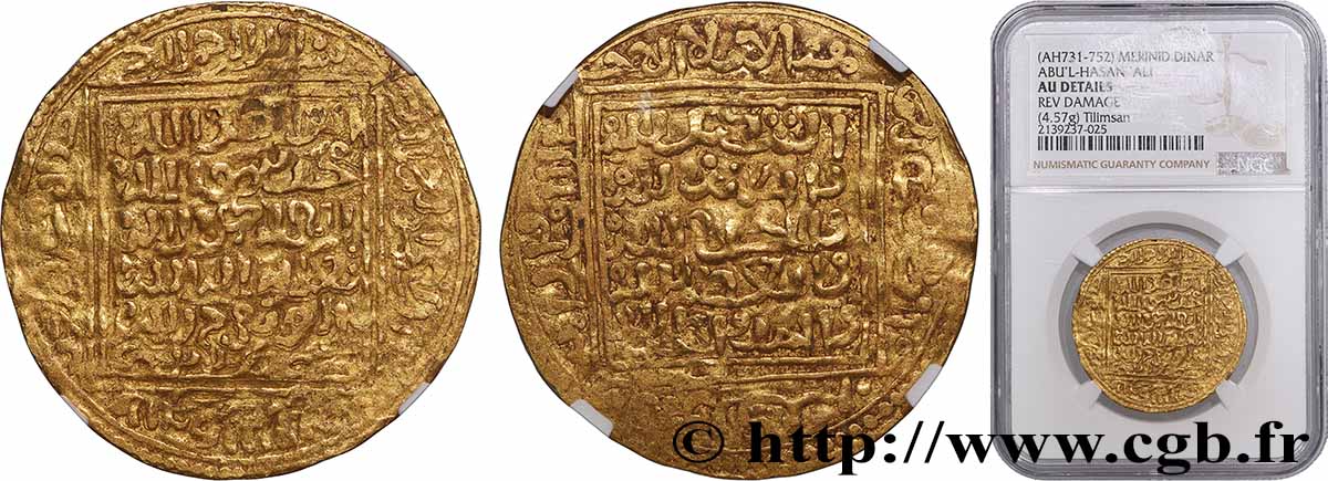 MÉRINIDES - ABOU AL-HASAN BEN UTHMAN Double Dinar Ah 731-752 N.D. Telimsan TTB NGC
