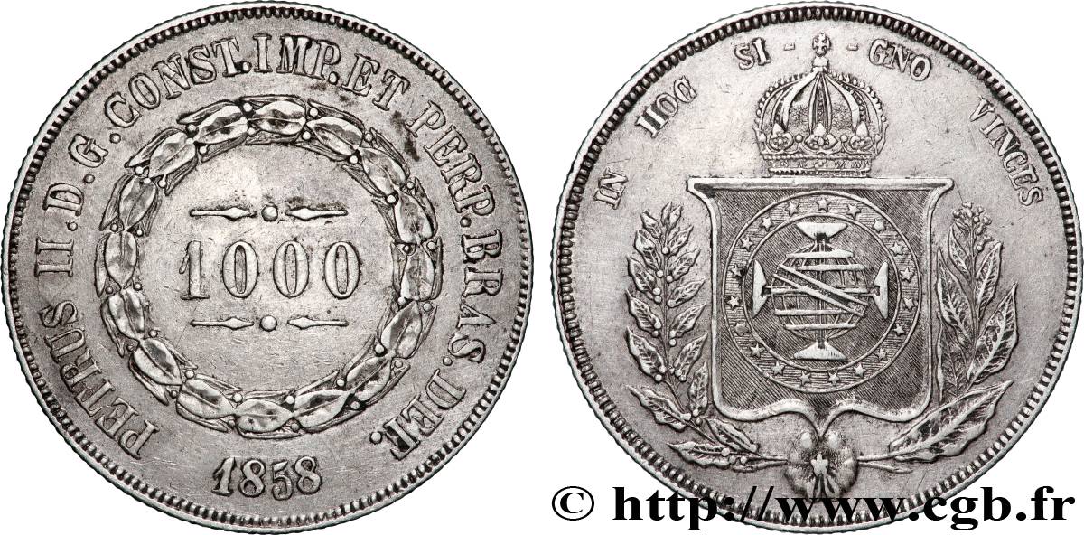BRÉSIL - EMPIRE DU BRÉSIL - PIERRE II 1000 Reis  1858  TTB+ 
