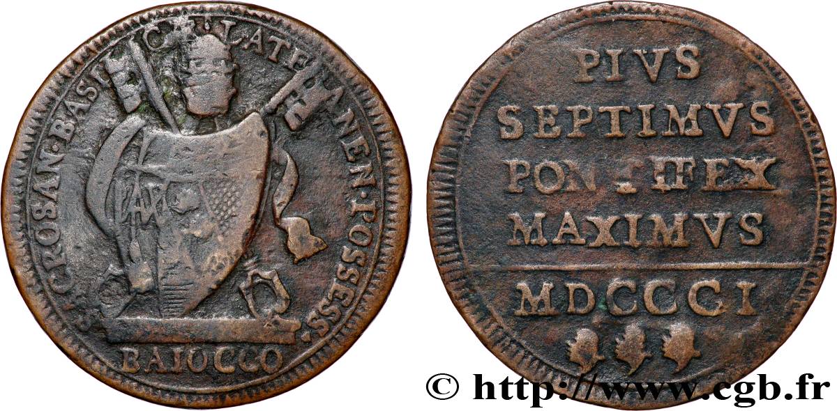 ITALIE - ÉTATS DU PAPE - PIE VII (Barnaba Chiaramonti) 1 Baiocco 1801 Rome TB+ 