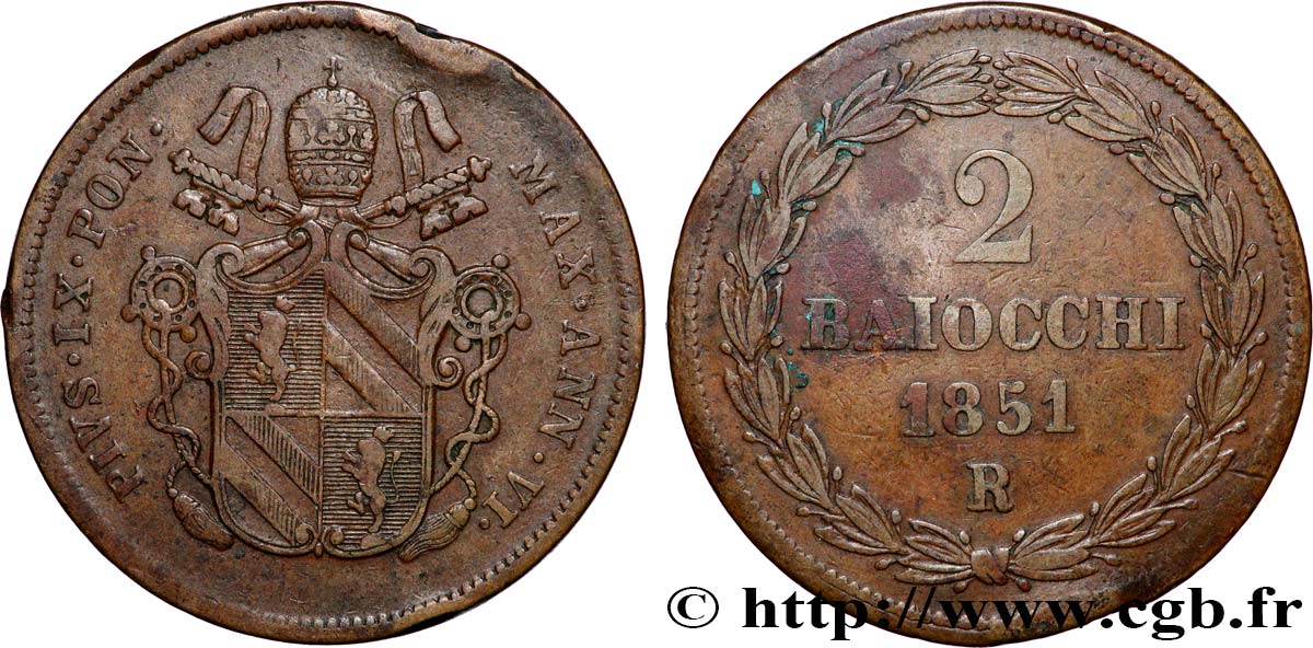ITALY - PAPAL STATES - PIUS IX (Giovanni Maria Mastai Ferretti) 2 Baiocchi Pie IX an V 1851 Rome XF 