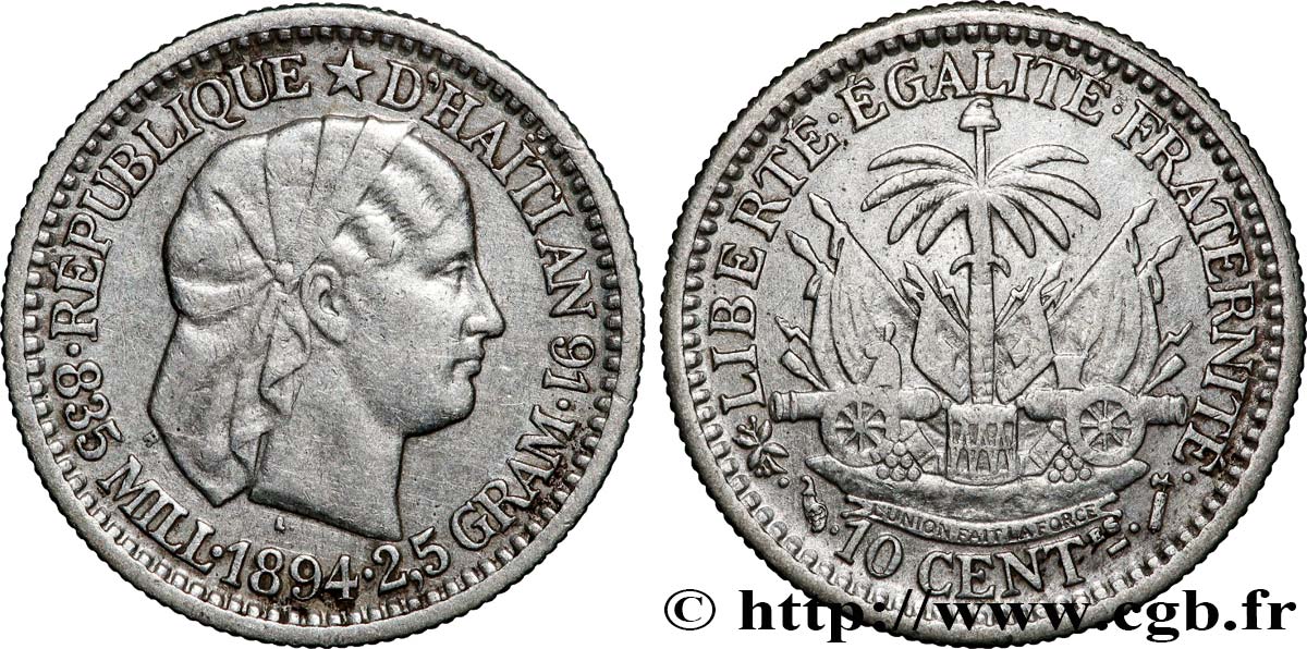 HAÏTI 10 Centimes emblème “Liberté créole” de Roty 1894 Paris TTB+ 