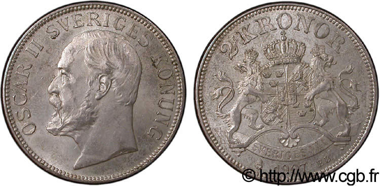 SUECIA 2 Kronor Oscar II roi de Suède et de Norvège 1907  EBC 