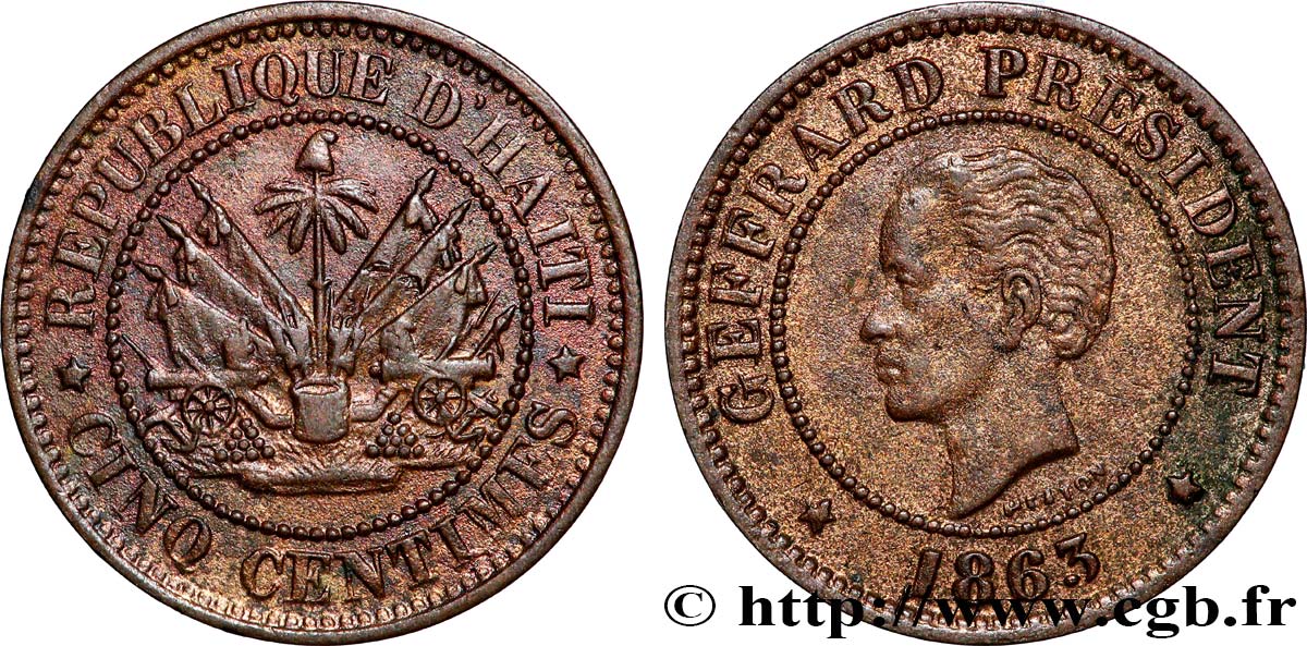 HAÏTI 5 Centimes président Geffrard 1863 Heaton TTB+ 