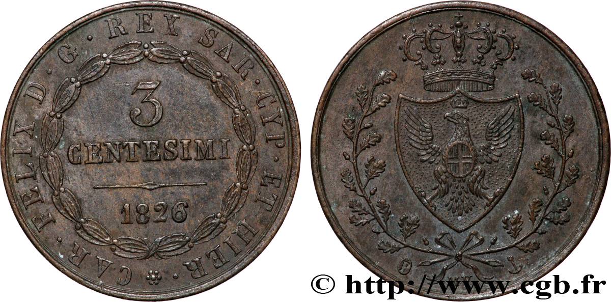 ITALIE - ROYAUME DE SARDAIGNE 3 Centesimi Royaume de Sardaigne type au “P” 1826 Gênes TTB+ 
