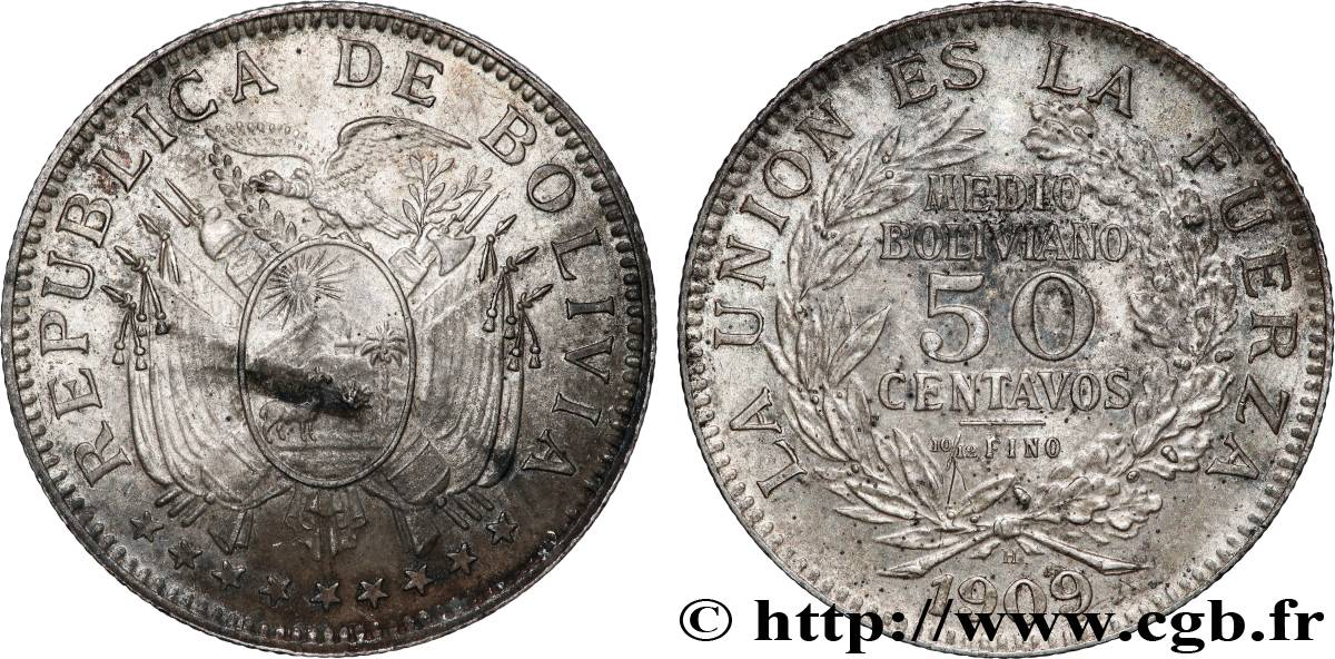 BOLIVIE 50 Centavos (1/2 Boliviano) 1909 Potosi TTB+ 
