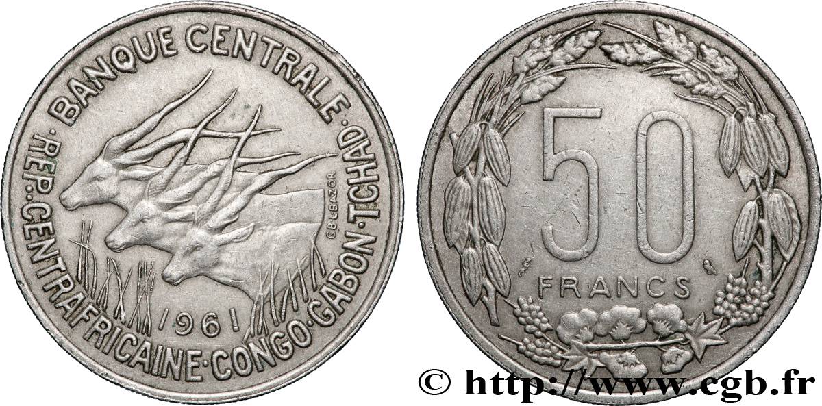 ÉTATS DE L&nbsp;AFRIQUE ÉQUATORIALE 50 Francs antilopes 1961 Paris SUP 