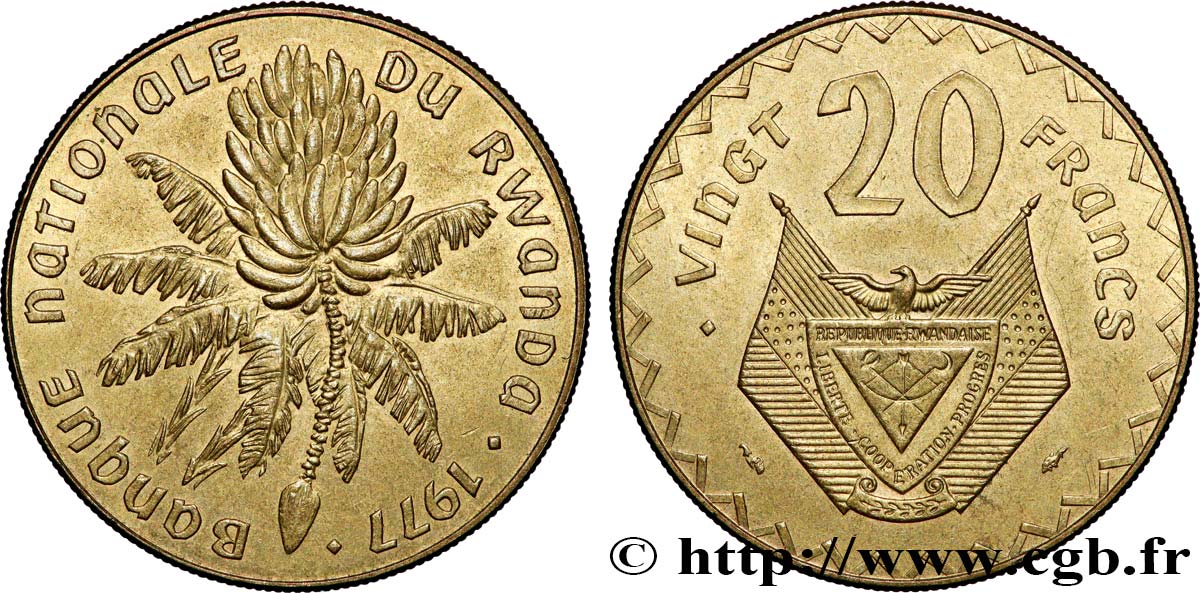 RWANDA 20 Francs emblème / bananier 1977 Paris SPL 