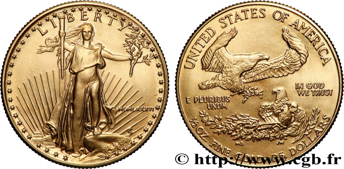 OR, PALLADIUM ET PLATINE INVESTISSEMENT 1/2 once en or ou 25 Dollar 1986 Philadelphie FDC 