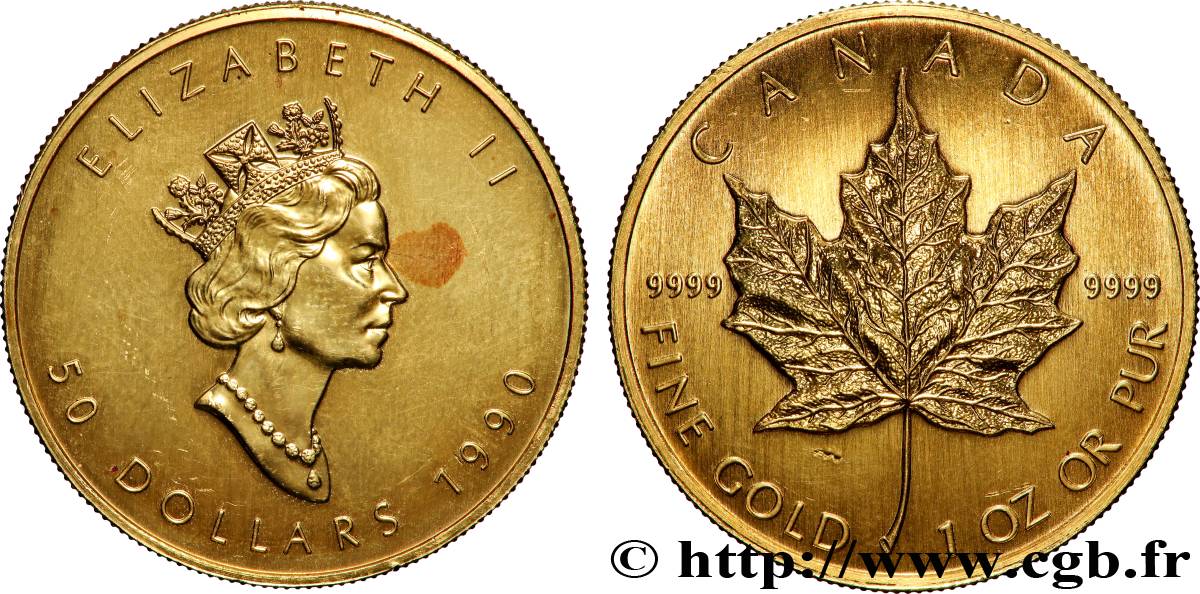 GOLD, PALLADIUM & PLATINUM INVESTMENT 50 Dollars &nbsp;Maple Leaf&nbsp; Elisabeth II 1990  MS 