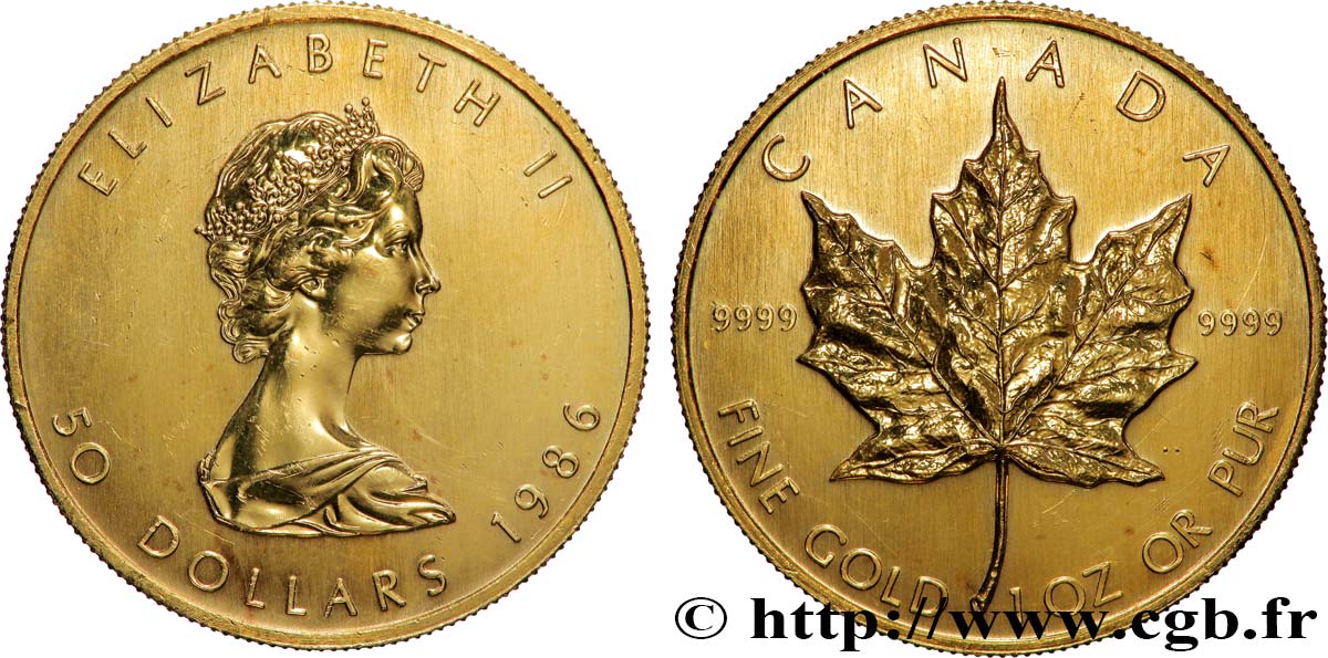 OR, PALLADIUM ET PLATINE INVESTISSEMENT 1 Oz - 50 Dollars &nbsp;Maple Leaf&nbsp; Elisabeth II 1986  SUP 
