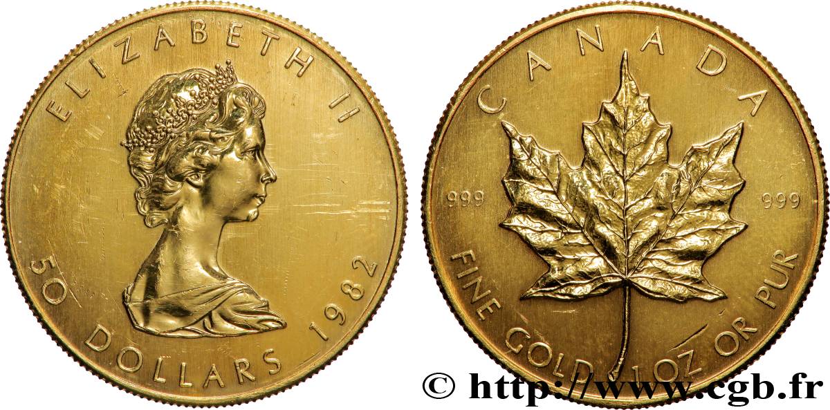OR, PALLADIUM ET PLATINE INVESTISSEMENT 1 Oz - 50 Dollars &nbsp;Maple Leaf&nbsp; Elisabeth II 1982  SUP 