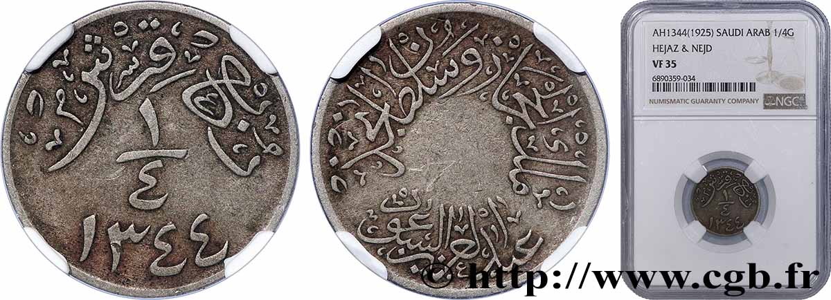 SAUDI ARABIA 1/4 Ghirsh - Abd Al-Aziz bin Sa&nbsp;ud 1925  VF35 NGC