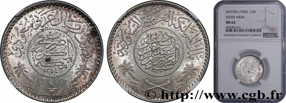 ARABIA SAUDITA 1/2 Riyal règne de Abd Al-Aziz Bin Sa’ud ah 1354 1935  MS63 NGC