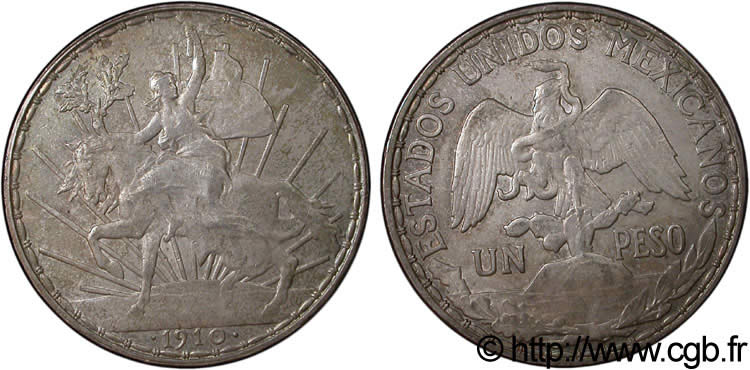 MEXICO 1 Peso Liberté à cheval à tête d’aigle / aigle 1910 Mexico AU 
