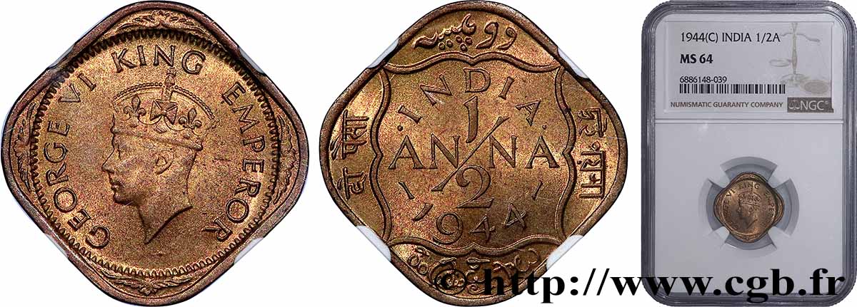 INDE 1/2 Anna Georges VI 1944 Calcutta SPL64 NGC