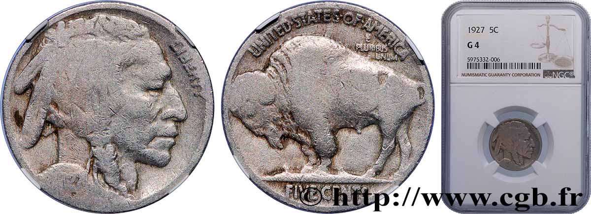 ÉTATS-UNIS D&nbsp;AMÉRIQUE 5 Cents Tête d’indien ou Buffalo 1927 Philadelphie AB4 NGC