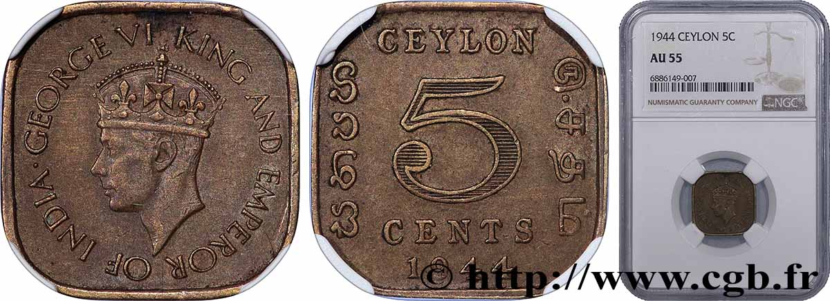 CEYLAN 5 Cents Georges VI 1944  SUP55 NGC