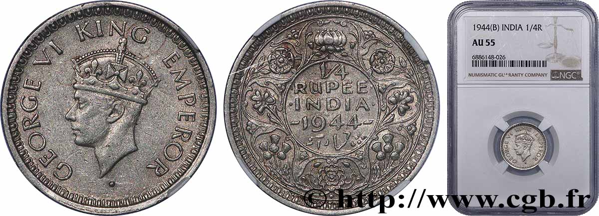 INDES BRITANNIQUES 1/4 Rupee (Roupie) Georges VI couronné 1944 Bombay SUP55 NGC