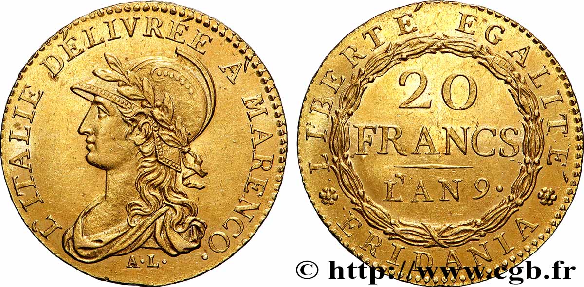 ITALIE - GAULE SUBALPINE 20 Francs or Marengo an 9 1801 Turin SUP 