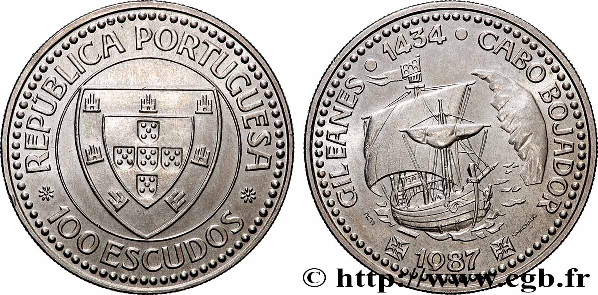 PORTUGAL 100 Escudos Découverte du Cap Bojador en 1434 par Gil Eanes, voilier 1987 Lisbonne AU 
